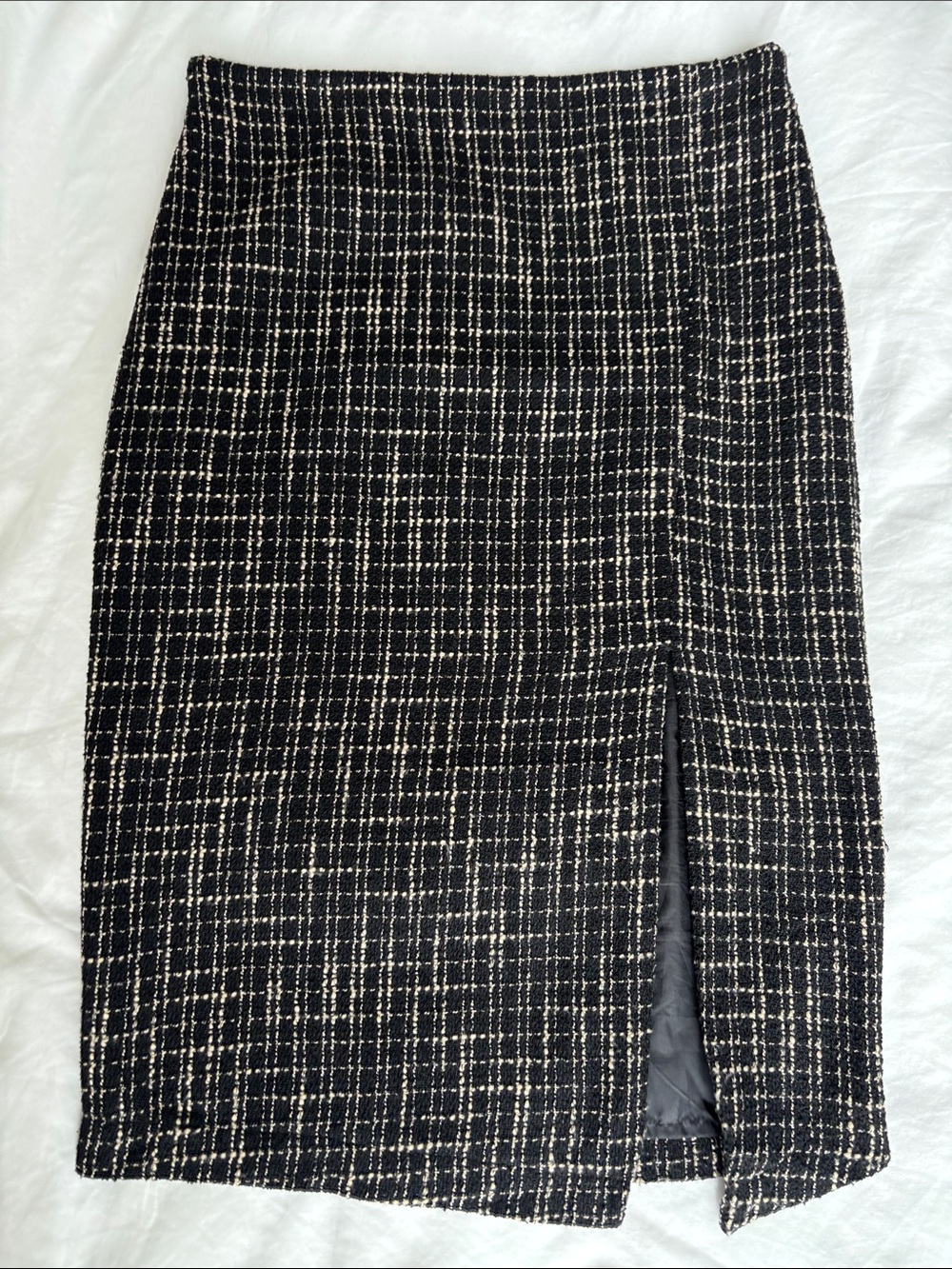 Meg & Margot Black and White/Cream Tweed Pencil Skirt with Front Slit